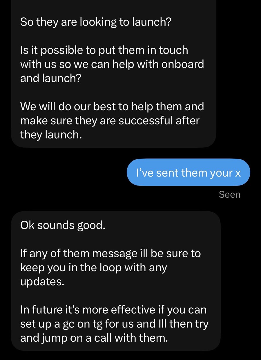 Chat where a partner team asks to be put in touch with a launching project to help with onboarding and launch, and ZEN confirms he has sent them their X