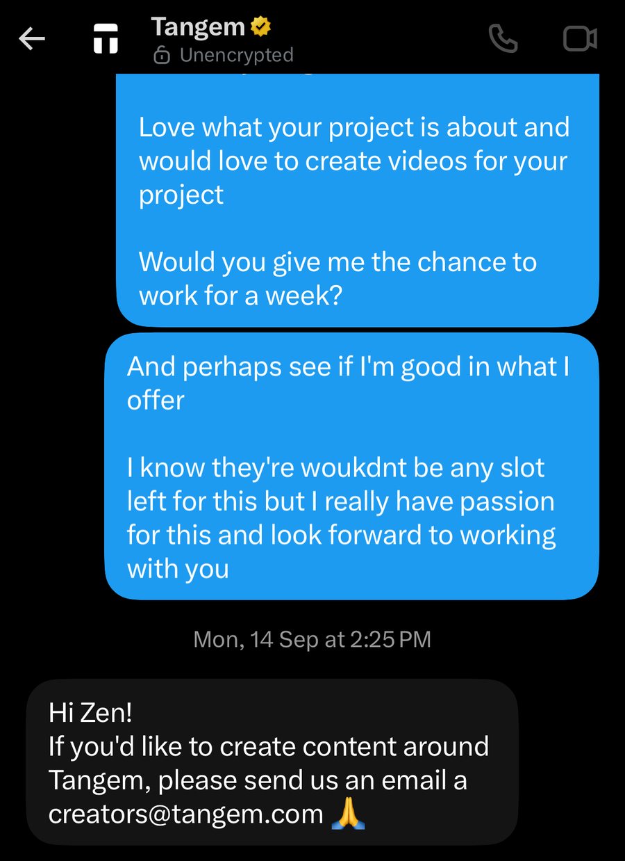 Chat with Tangem where ZEN offers to create videos for the project and asks for a one week trial; Tangem replies with a creators email address