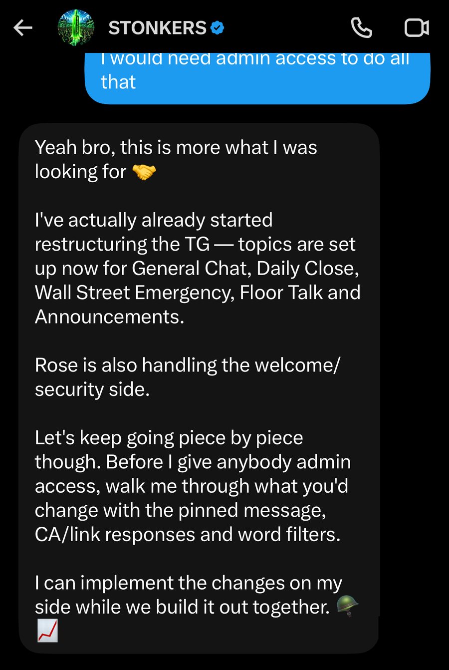 Chat with STONKERS where the founder says he has restructured the Telegram into topics and asks how ZEN would change the pinned message, CA and link responses and word filters