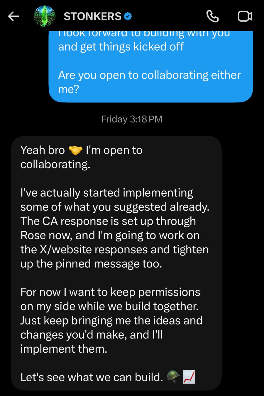 Chat with STONKERS where the founder agrees to collaborate and says he has started implementing ZEN's suggestions