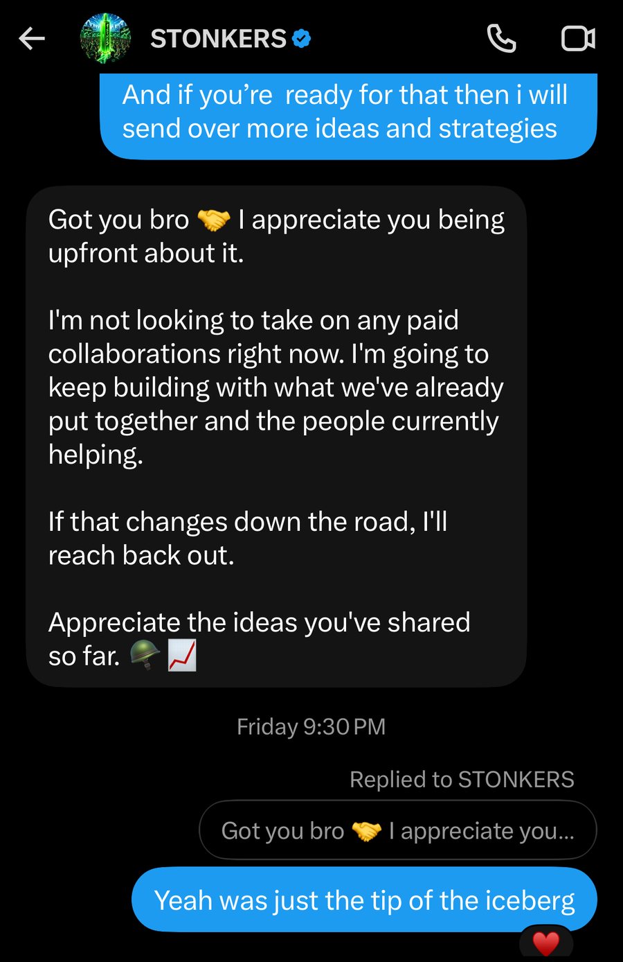 Chat with STONKERS where the founder thanks ZEN for the ideas shared so far